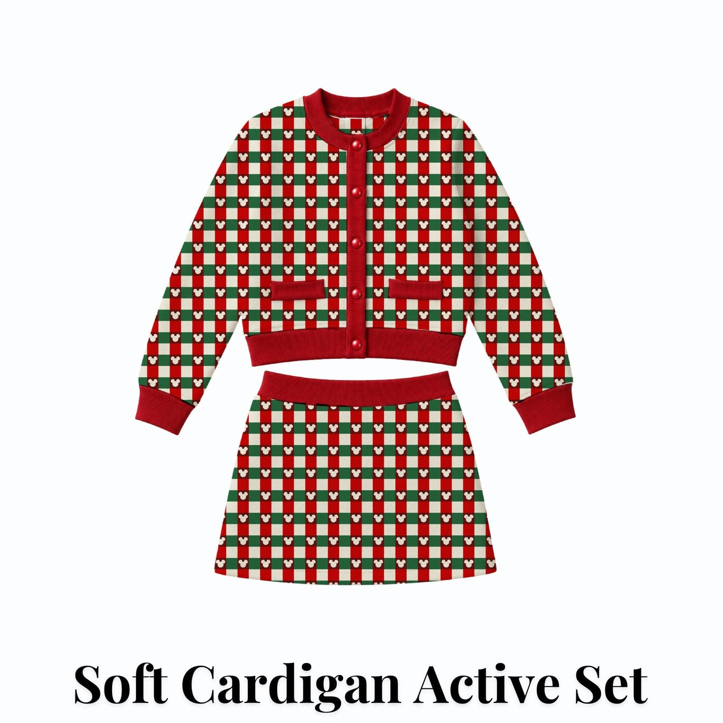 PREORDER Mickey Christmas Plaid Cardigan and Active Skort Set | Red and Green Disney Holiday Outfit