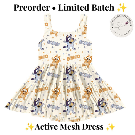 Preorder Bluey and Bingo Printed Mesh Active Dress with Separate Shorts