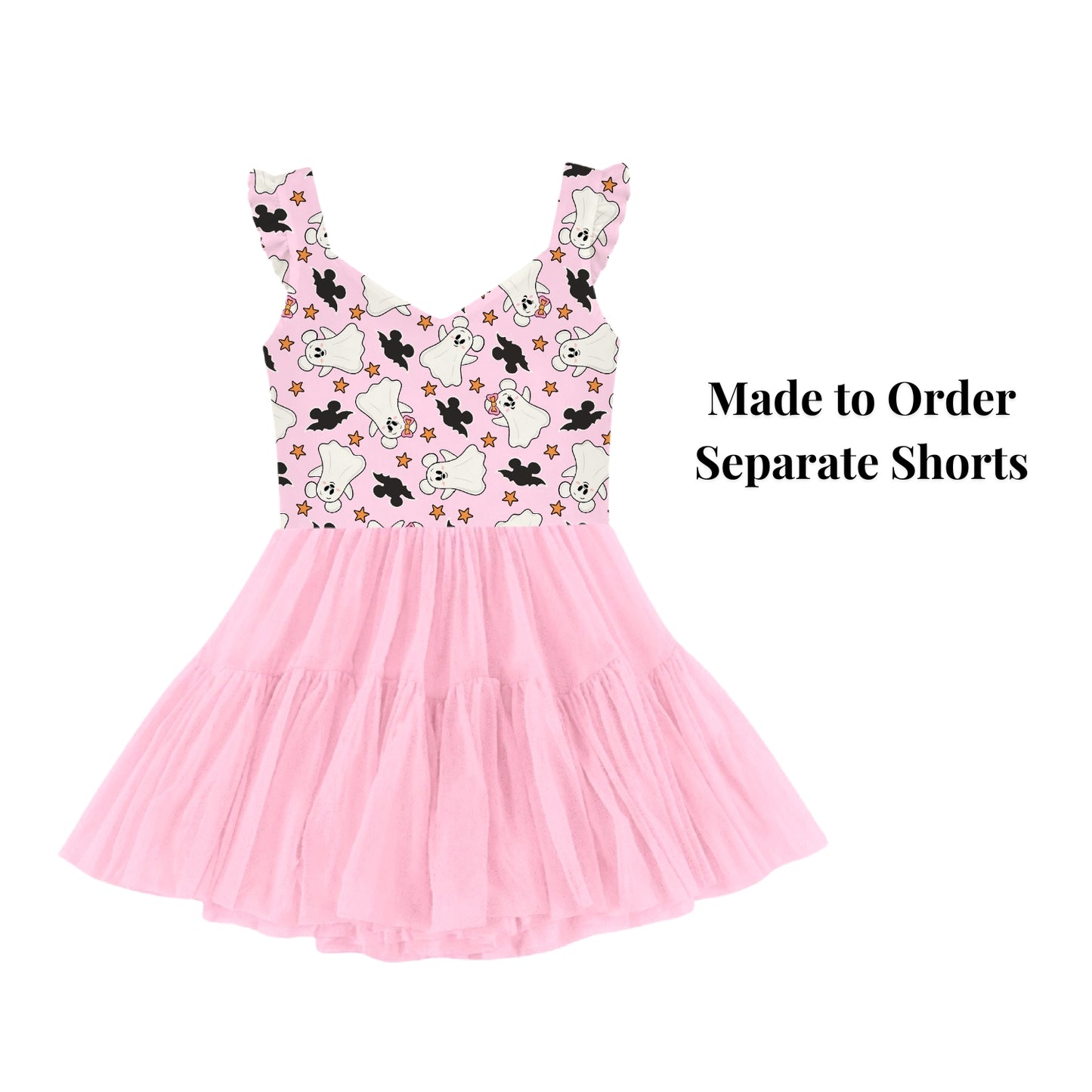 Preorder Halloween Cuteie Ghosts  Pink V neck Ruffle Sleeve Active Mesh Dress Pink Skirt with Separate Shorts