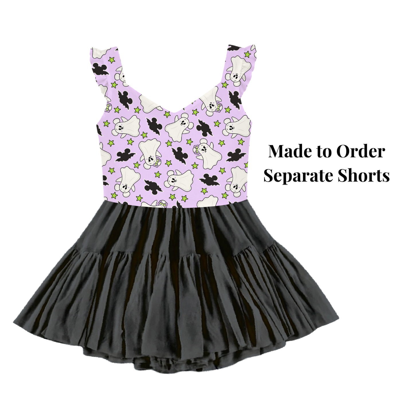 Preorder Halloween Cuteie Ghosts  Purple V neck Ruffle Sleeve Active Mesh Dress Black Skirt with Separate Shorts
