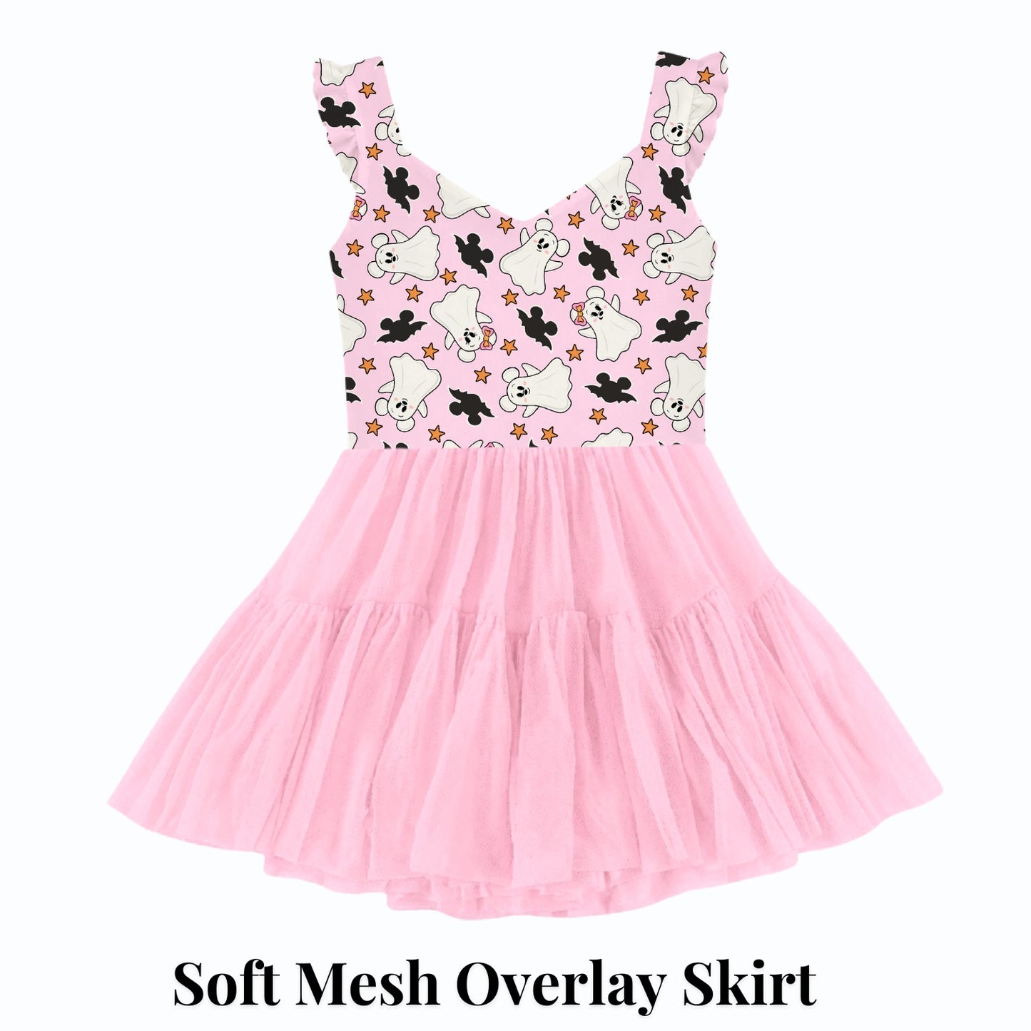 Preorder Halloween Cuteie Ghosts  Pink V neck Ruffle Sleeve Active Mesh Dress Pink Skirt with Separate Shorts