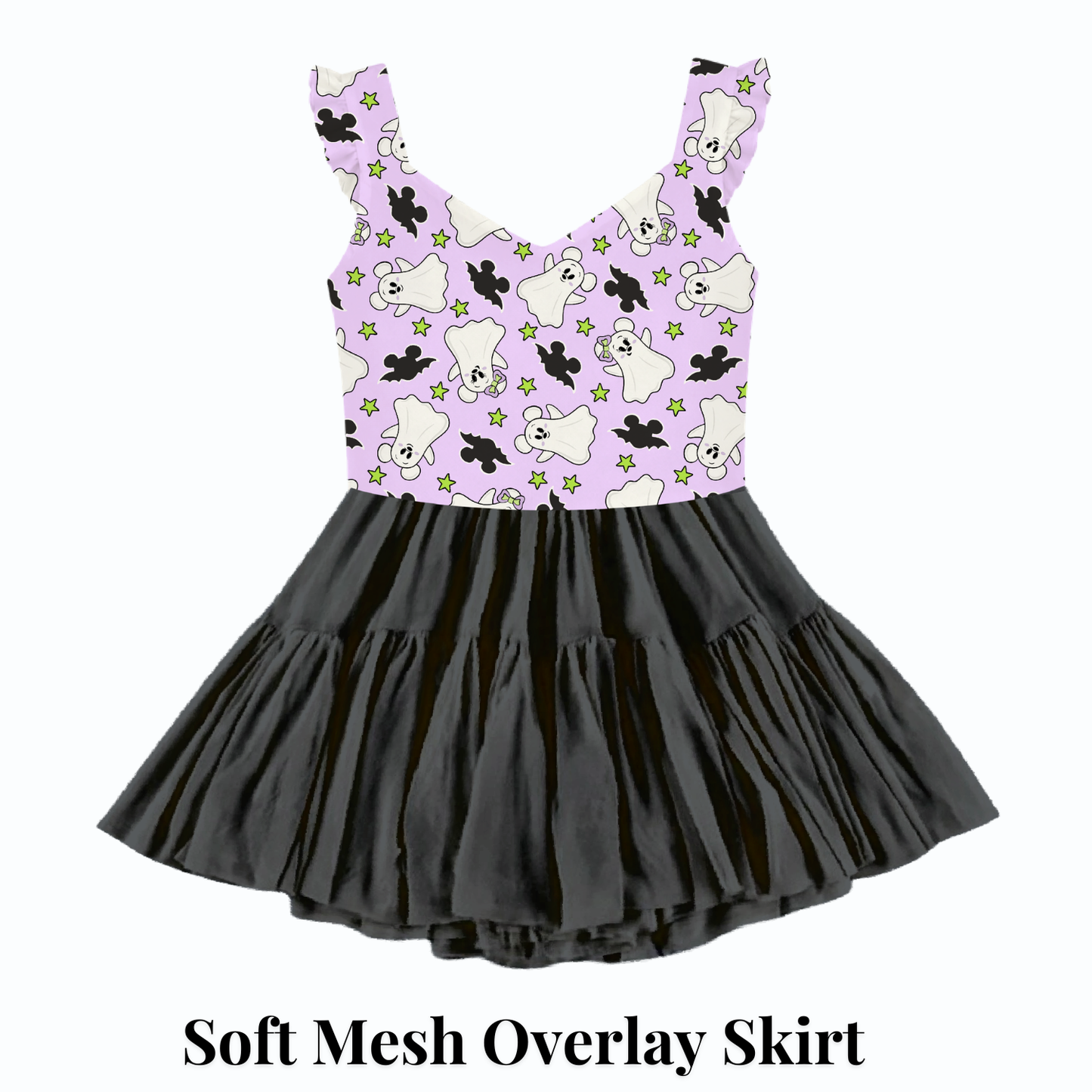 Preorder Halloween Cuteie Ghosts  Purple V neck Ruffle Sleeve Active Mesh Dress Black Skirt with Separate Shorts
