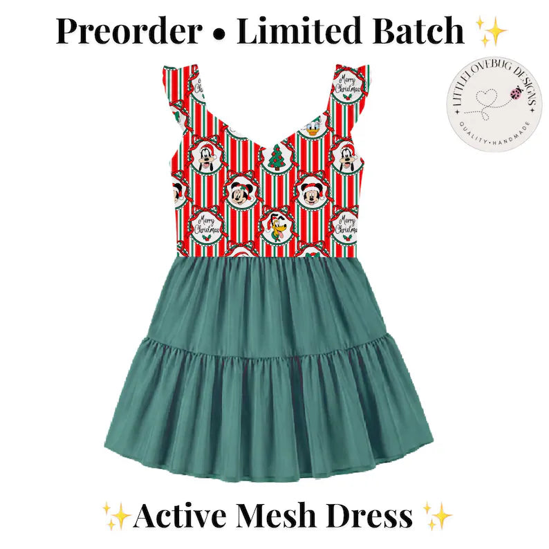 Preorder Christmas Fab 5 Vneck ruffle sleeve Active Mesh Dress with Separate Short