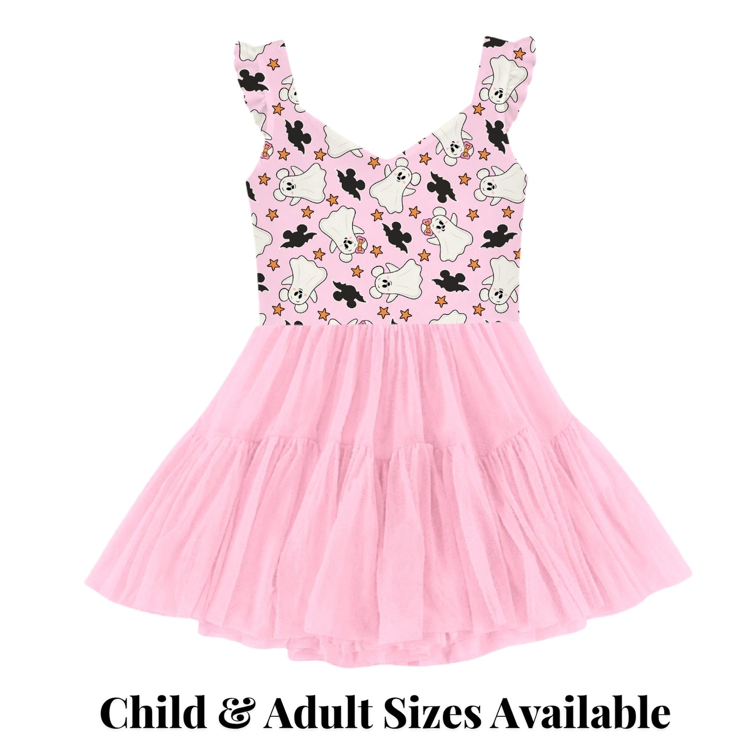 Preorder Halloween Cuteie Ghosts  Pink V neck Ruffle Sleeve Active Mesh Dress Pink Skirt with Separate Shorts