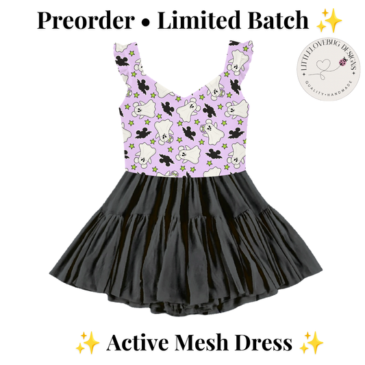 Preorder Halloween Cuteie Ghosts  Purple V neck Ruffle Sleeve Active Mesh Dress Black Skirt with Separate Shorts