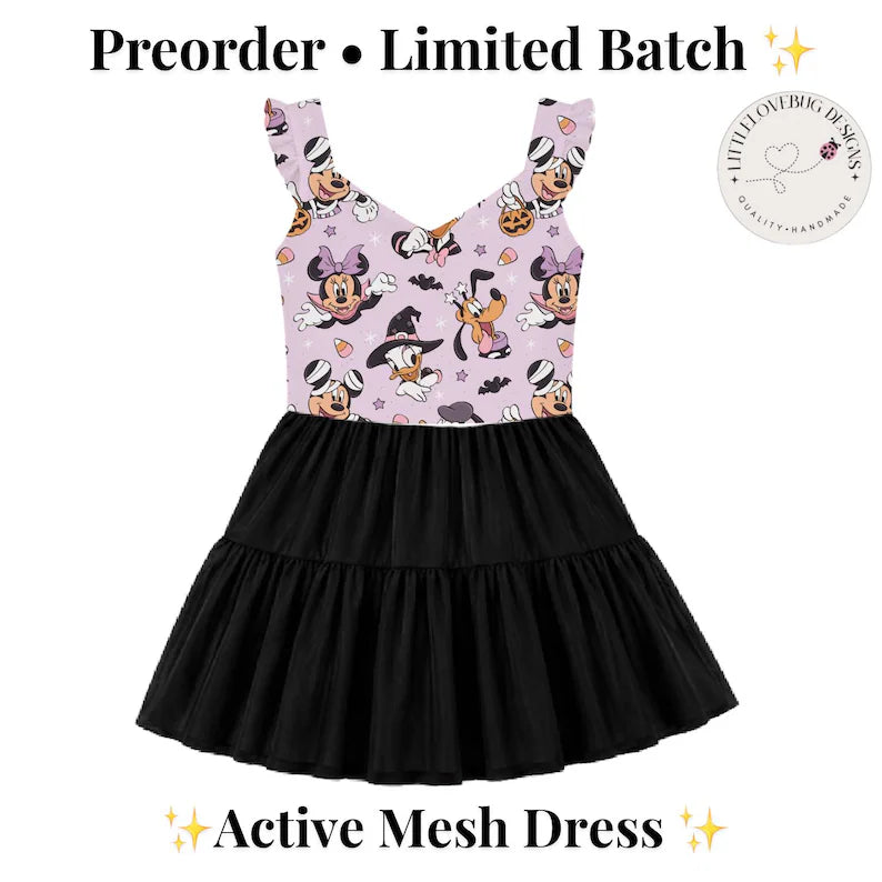 Preorder Halloween Vneck Ruffle Sleeve Mickey and Friends  Active Black Mesh Dress with Separate Shorts