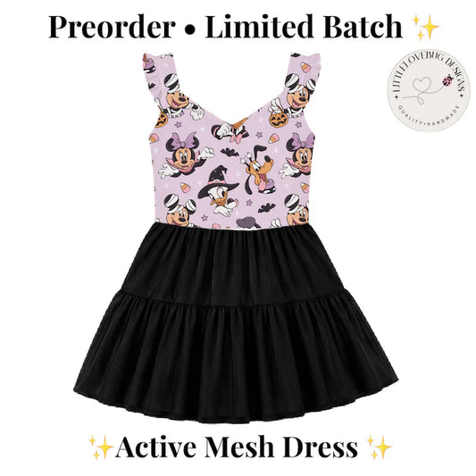 Preorder Halloween Vneck Ruffle Sleeve Mickey and Friends  Active Black Mesh Dress with Separate Shorts