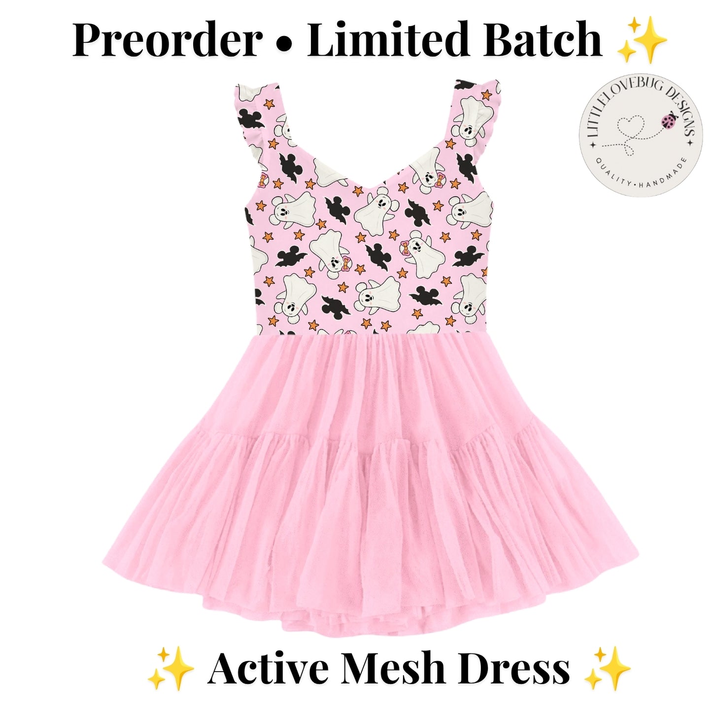 Preorder Halloween Cuteie Ghosts  Pink V neck Ruffle Sleeve Active Mesh Dress Pink Skirt with Separate Shorts