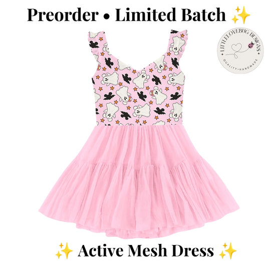Preorder Halloween Cuteie Ghosts  Pink V neck Ruffle Sleeve Active Mesh Dress Pink Skirt with Separate Shorts