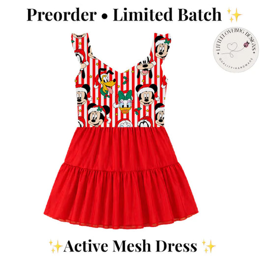Preorder Christmas Fab 5 Stripes Vneck ruffle sleeve Active Mesh Dress with Separate Short