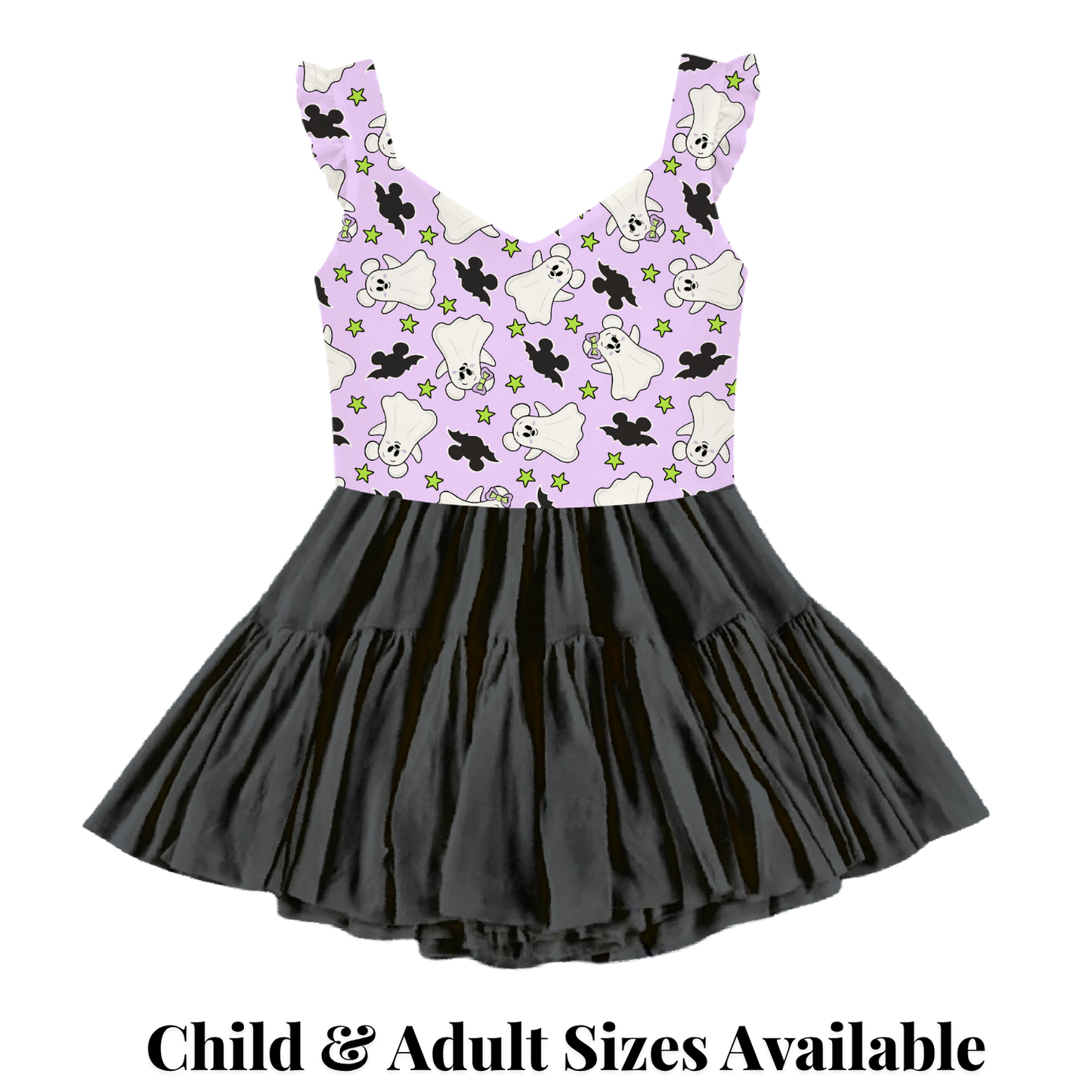 Preorder Halloween Cuteie Ghosts  Purple V neck Ruffle Sleeve Active Mesh Dress Black Skirt with Separate Shorts
