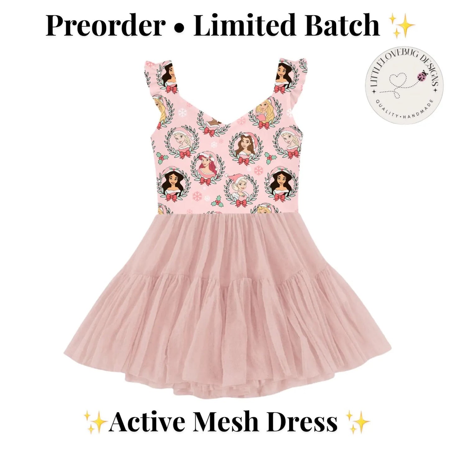 Preorder Christmas Princesses V Neck Ruffle Sleeve Active Mesh Dress with Separate Shorts