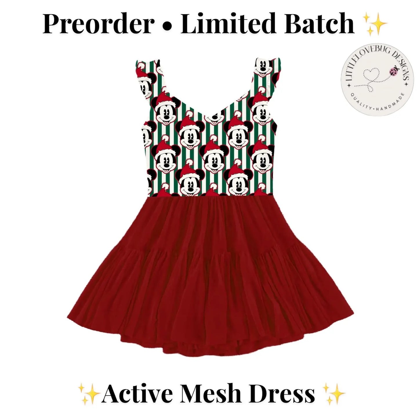 Preorder Christmas Mouse Stripes V Neck Ruffle Sleeve Active Mesh Dress with Separate Shorts