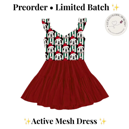 Preorder Christmas Mouse Stripes V Neck Ruffle Sleeve Active Mesh Dress with Separate Shorts