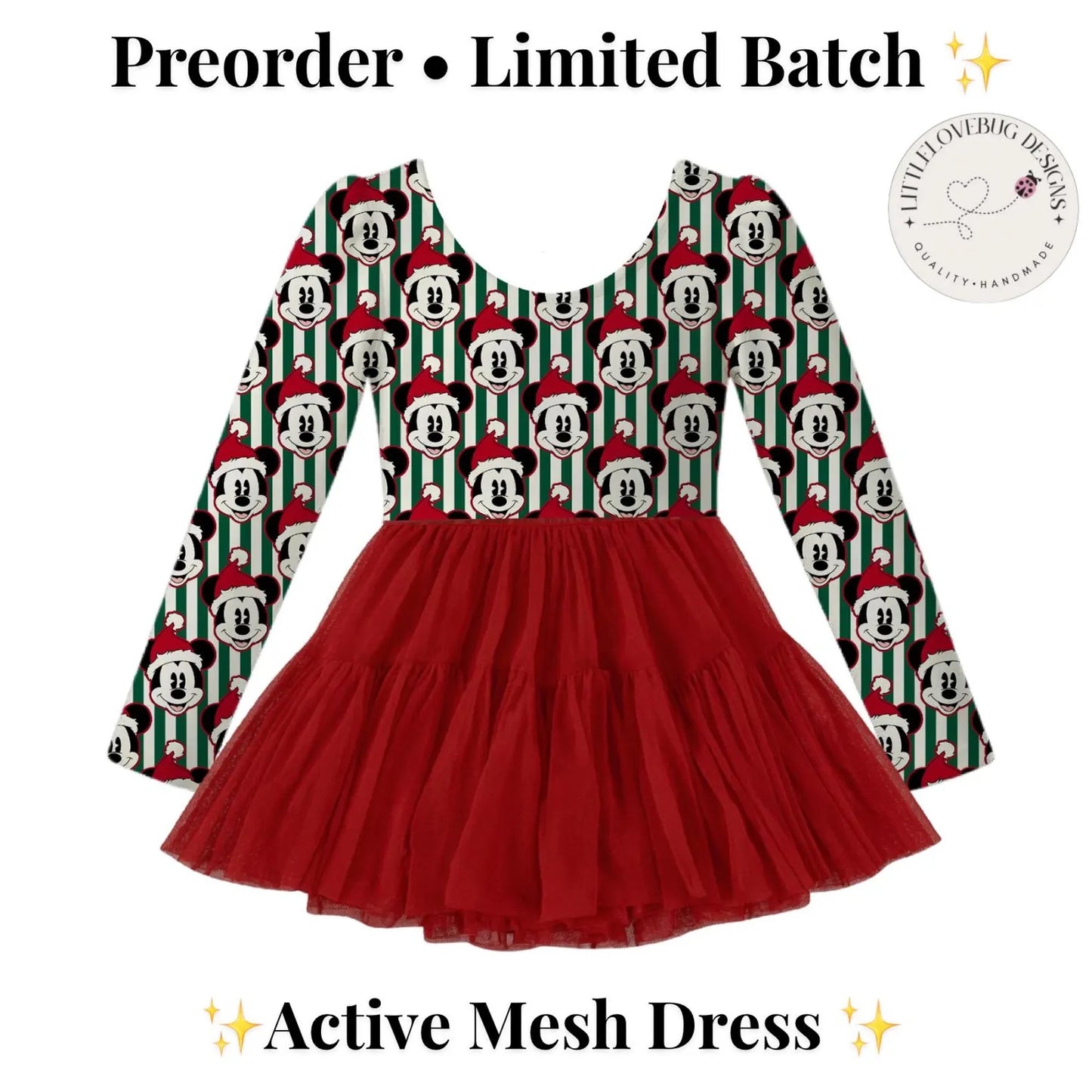 Preorder Christmas Mouse Stripes Long Sleeve Active Mesh Dress with Separate Shorts