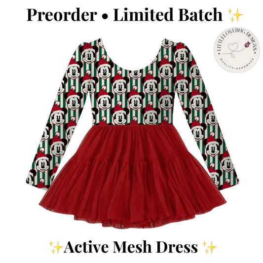 Preorder Christmas Mouse Stripes Long Sleeve Active Mesh Dress with Separate Shorts
