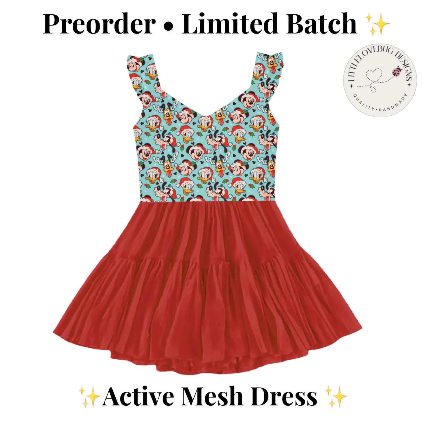 Preorder Christmas Classic Character Blue V Neck Ruffle Sleeve Active Mesh Dress with Separate Shorts