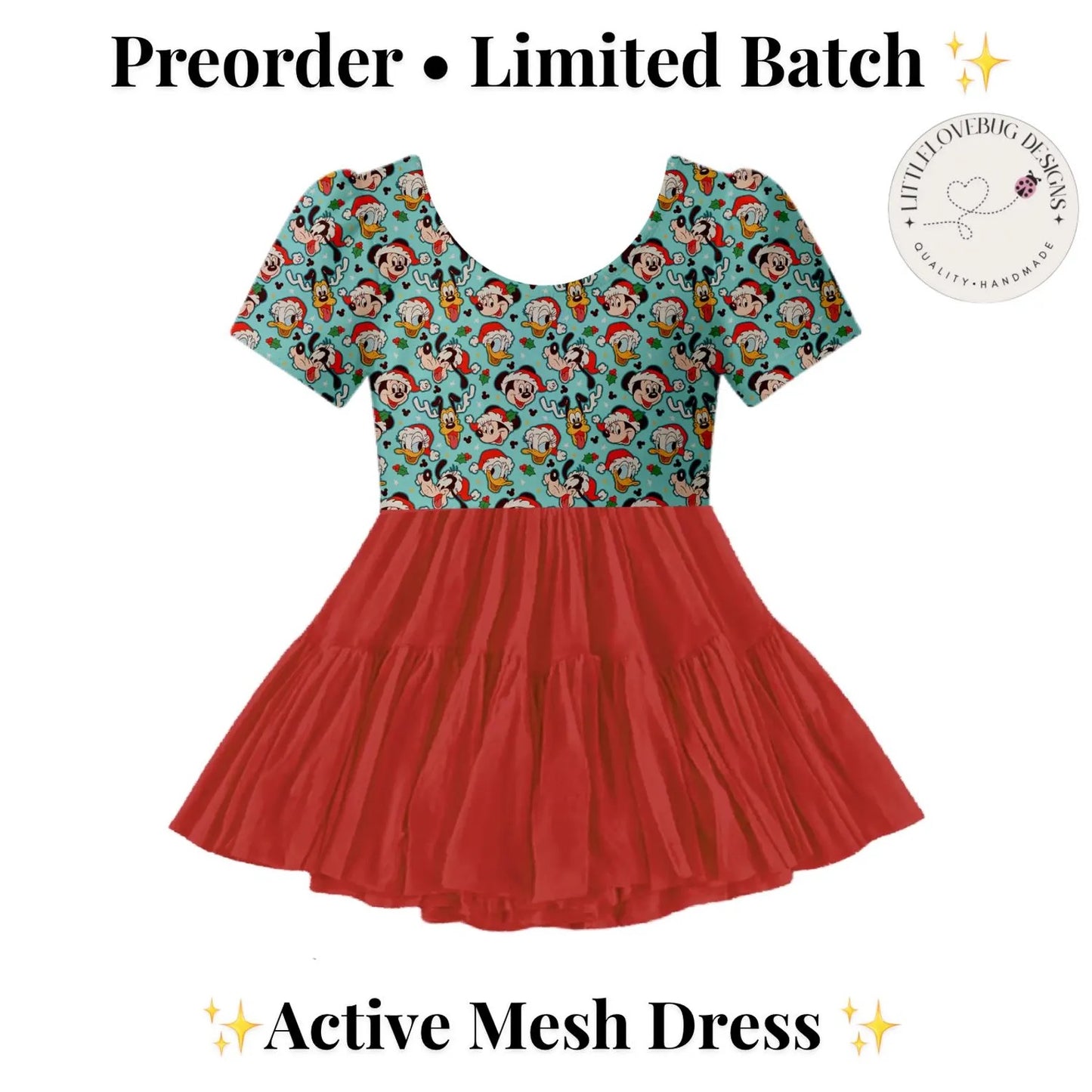 Preorder Christmas Classic Character Blue Short Sleeve Active Mesh Dress with Separate Shorts