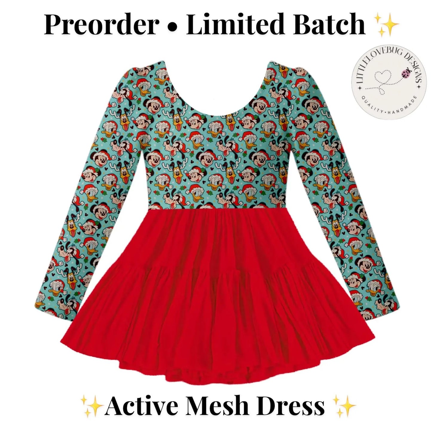 Preorder Christmas Classic Character Blue Long Sleeve Active Mesh Dress with Separate Shorts