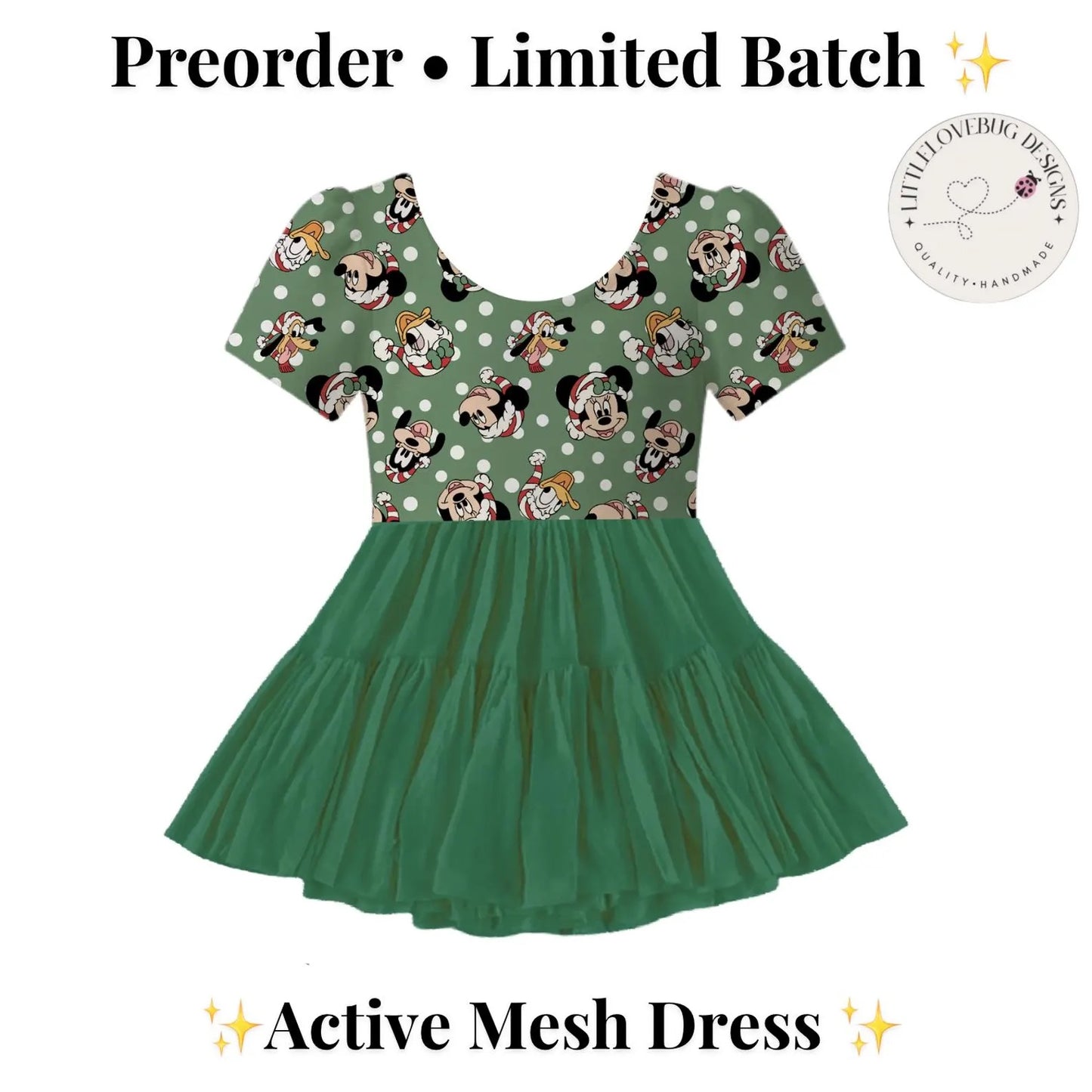 Preorder Christmas Classic Character Green Short Sleeve Active Mesh Dress with Separate Shorts