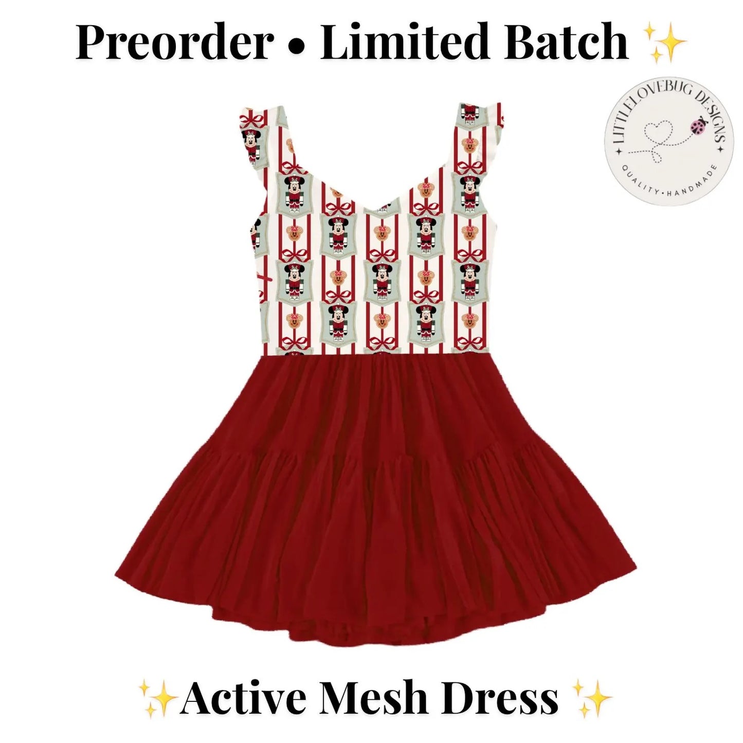 Preorder Christmas Nutcracker Mouse V Neck Ruffle Sleeve Active Mesh Dress with Separate Shorts
