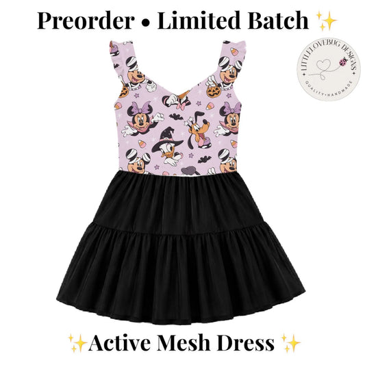 Preorder Halloween Mickey and Friends V Neck Ruffle Sleeve Active Black Mesh Dress with Separate Shorts