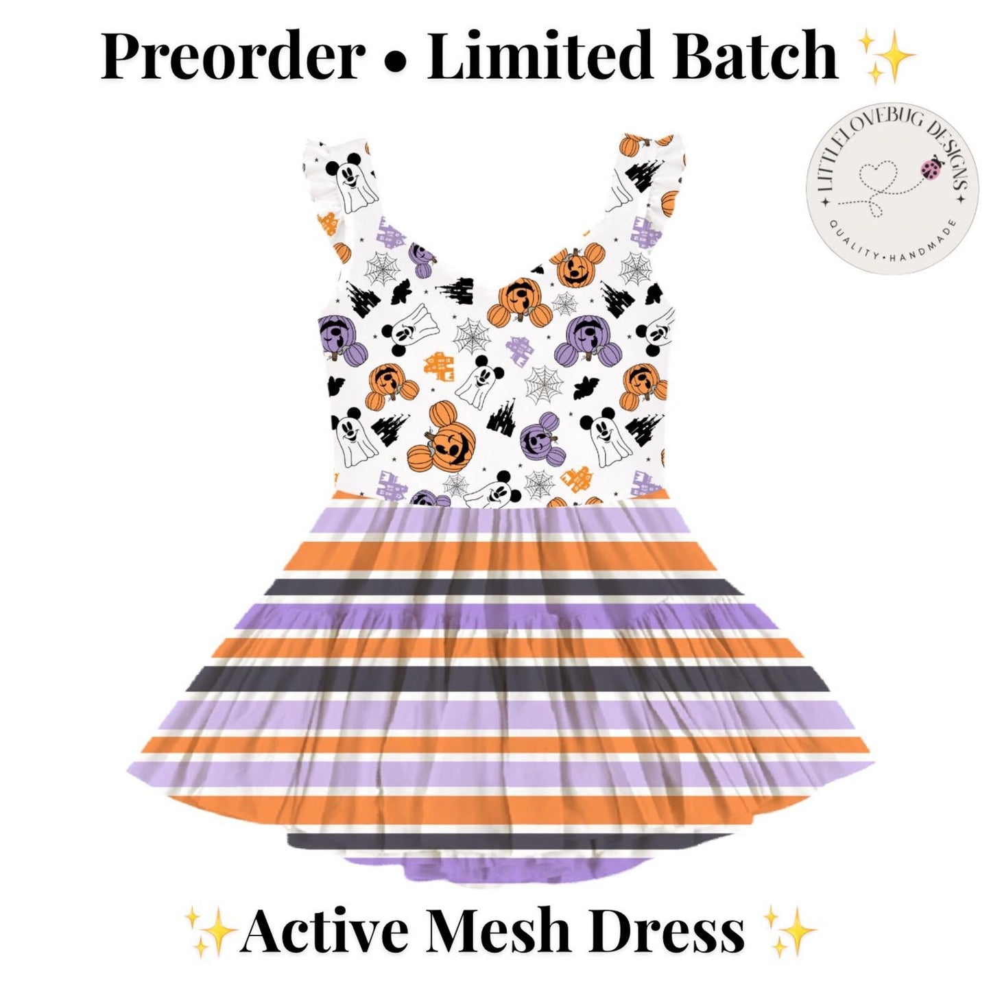 Preorder Halloween Pumpkin and Ghosts  V neck Ruffle Sleeve Active Mesh Dress Striped Skirt  with Separate Shorts