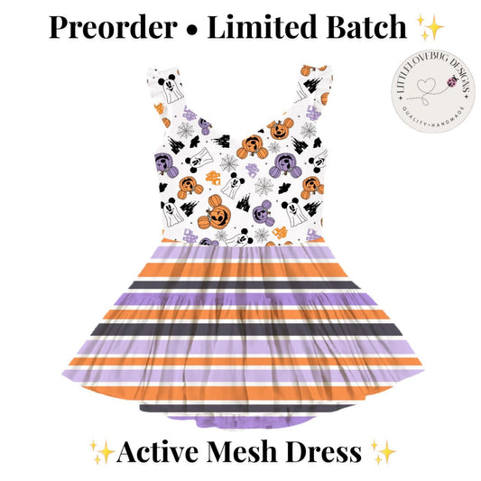 Preorder Halloween Pumpkin and Ghosts  V neck Ruffle Sleeve Active Mesh Dress Striped Skirt  with Separate Shorts