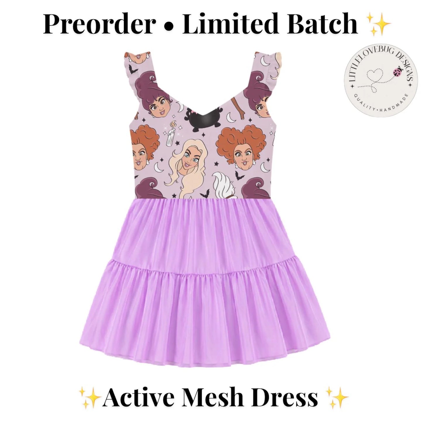 Preorder Halloween Hocus Pocus V neck Ruffle Sleeve Active Mesh Dress with Separate Shorts