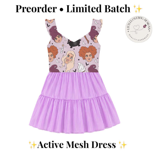 Preorder Halloween Hocus Pocus V neck Ruffle Sleeve Active Mesh Dress with Separate Shorts
