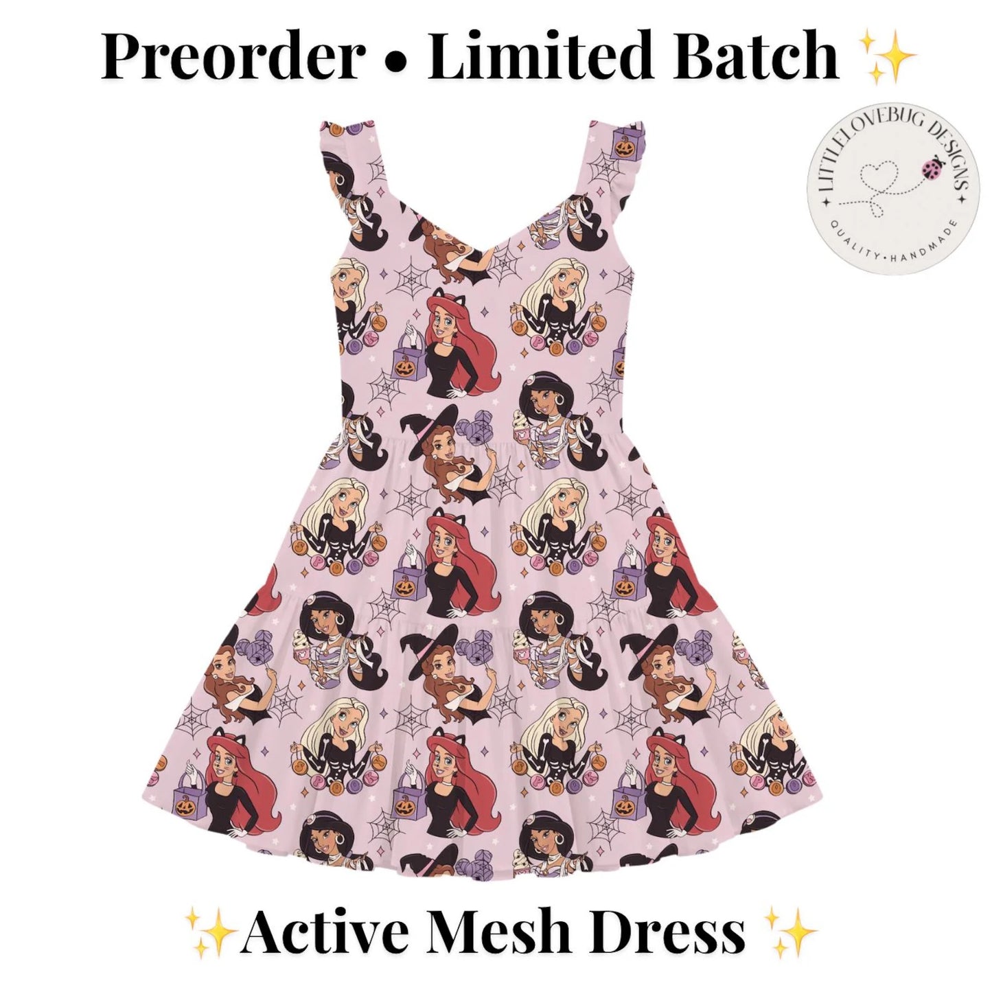 Preorder Halloween Princesses V Neck Ruffle Sleeve Active Mesh Dress with Separate Shorts