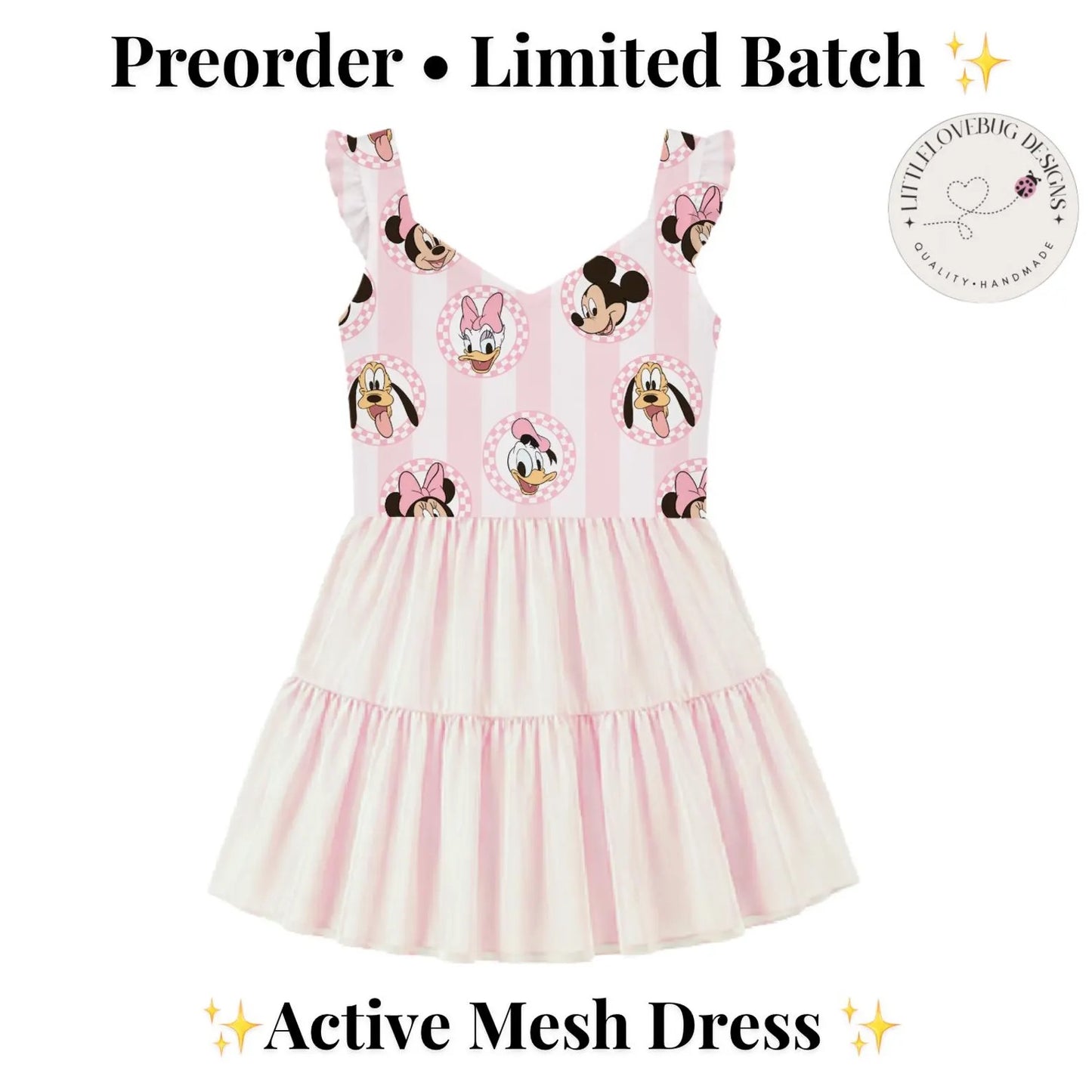 Preorder Minnie and Friends Checkered Stripes Ruffle Sleeve Active Pink Mesh Dress with Separate Shorts