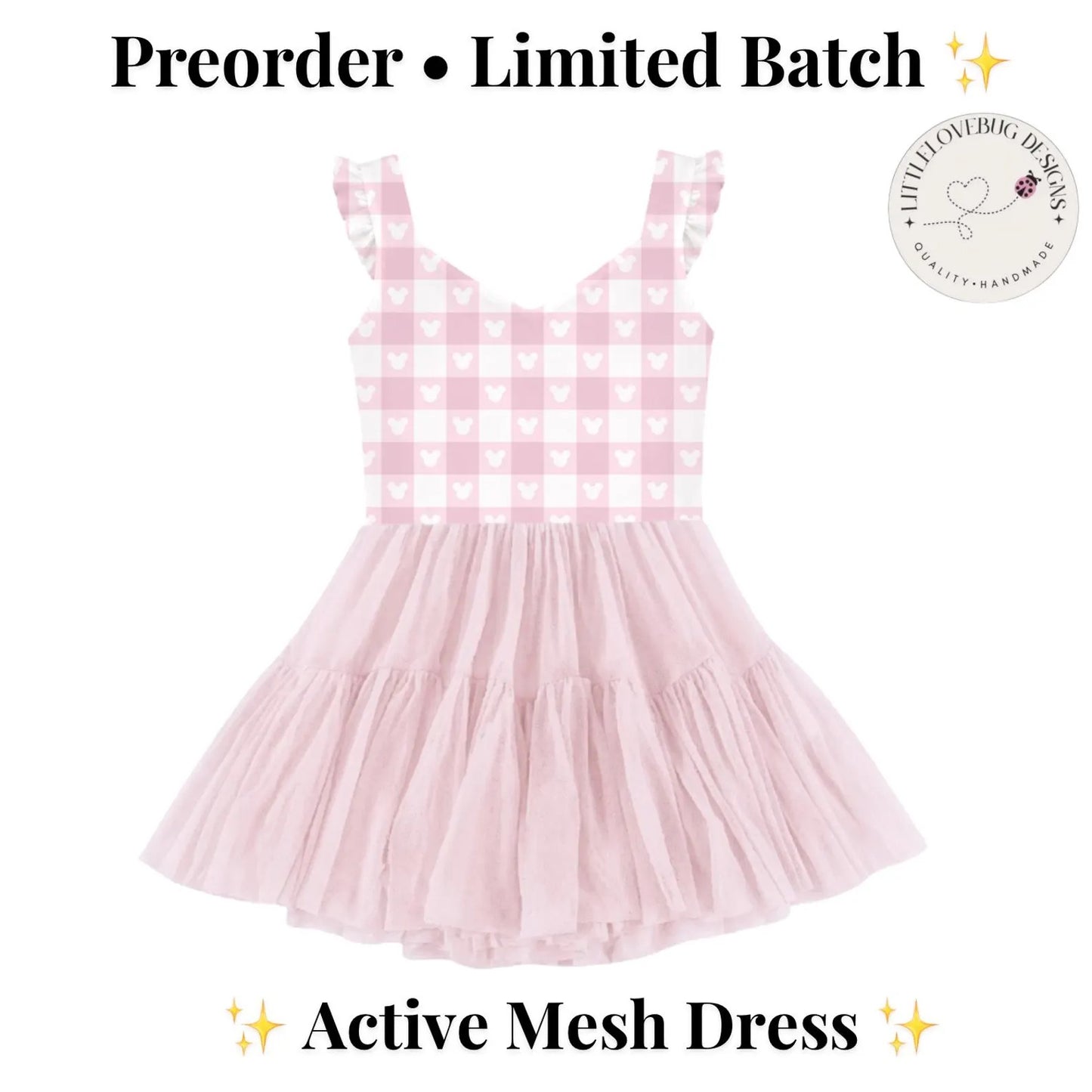 Preorder Pink Checkered Ruffle Sleeve Active Mesh Dress with Separate Shorts