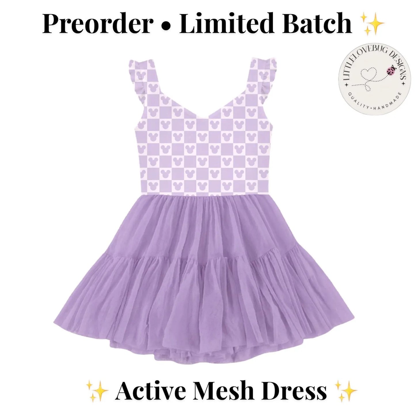 Preorder Purple Checkered Ruffle Sleeve Active Mesh Dress with Separate Shorts