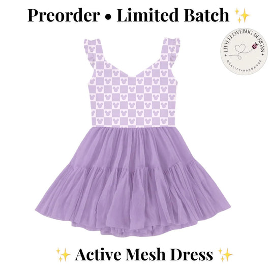 Preorder Purple Checkered Ruffle Sleeve Active Mesh Dress with Separate Shorts