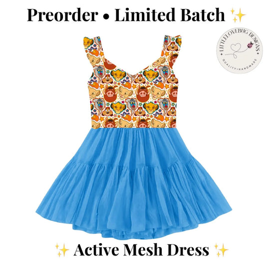 Preorder Groovy Lion King V Neck Ruffle Sleeve Active  Mesh Dress with Separate Shorts