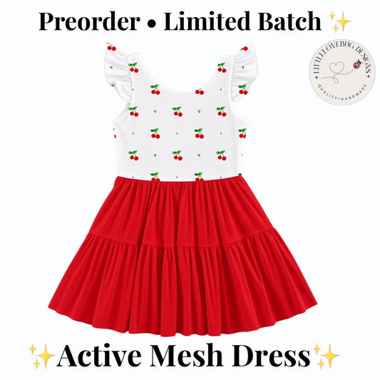 PREORDER Retro Cherry Active Mesh Twirl Dress with Separate Shorts | Red and White Girls Outfit