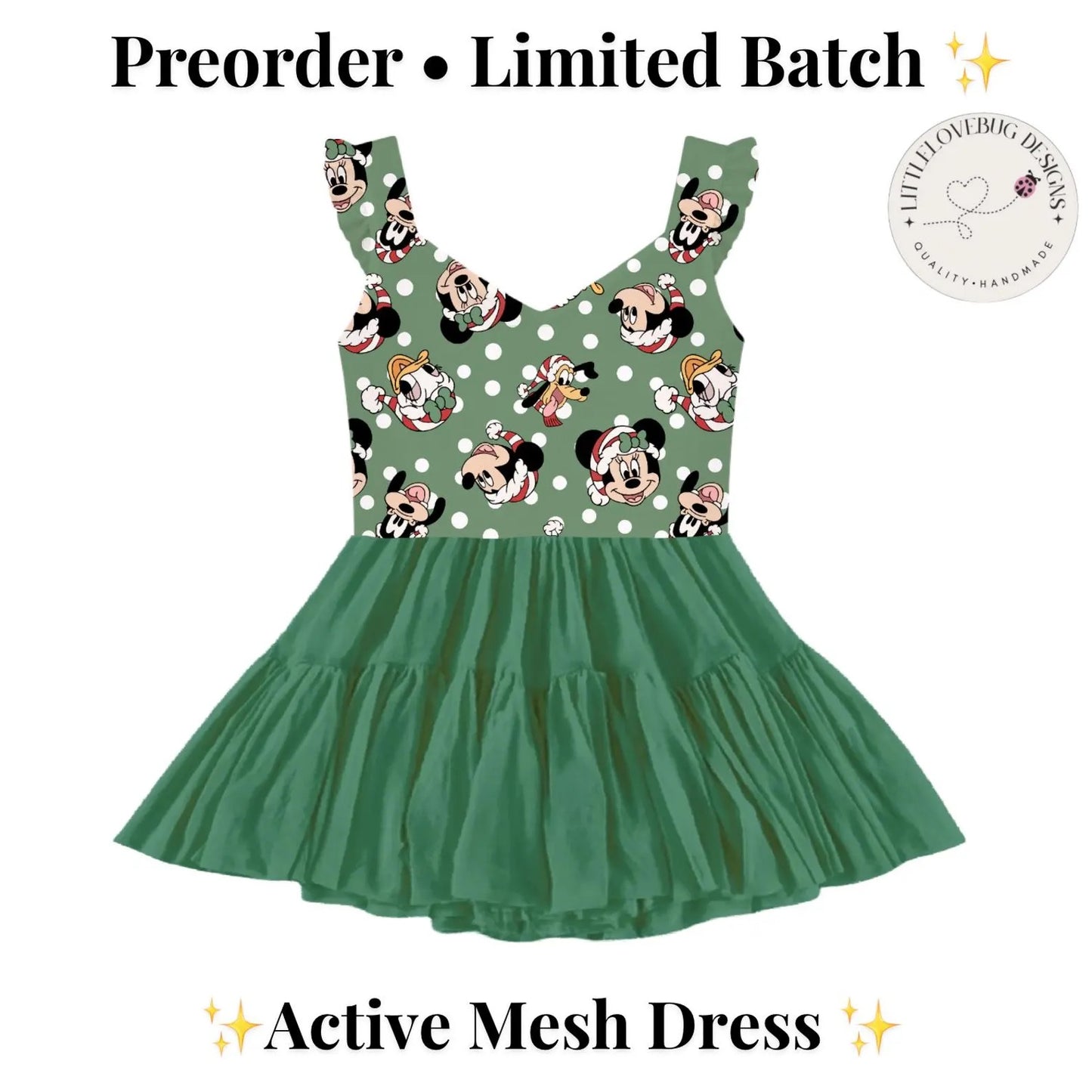 Preorder Christmas Classic Character Green V Neck Ruffle Sleeve Active Mesh Dress with Separate Shorts