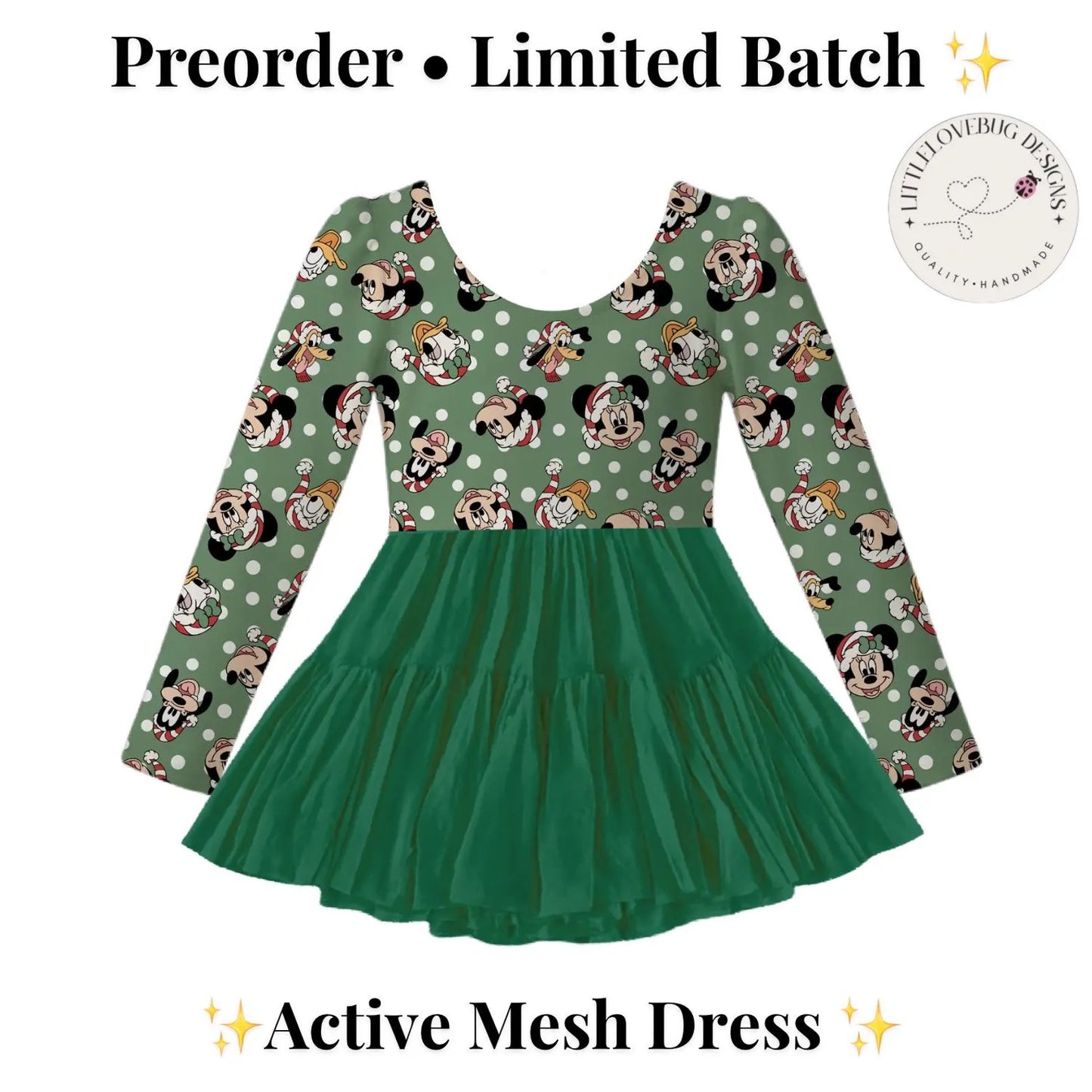 Preorder Christmas Classic Character Green Long Sleeve Active Mesh Dress with Separate Shorts