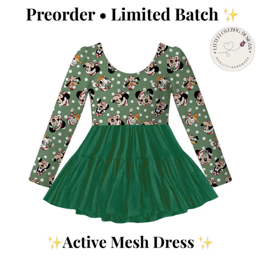 Preorder Christmas Classic Character Green Long Sleeve Active Mesh Dress with Separate Shorts