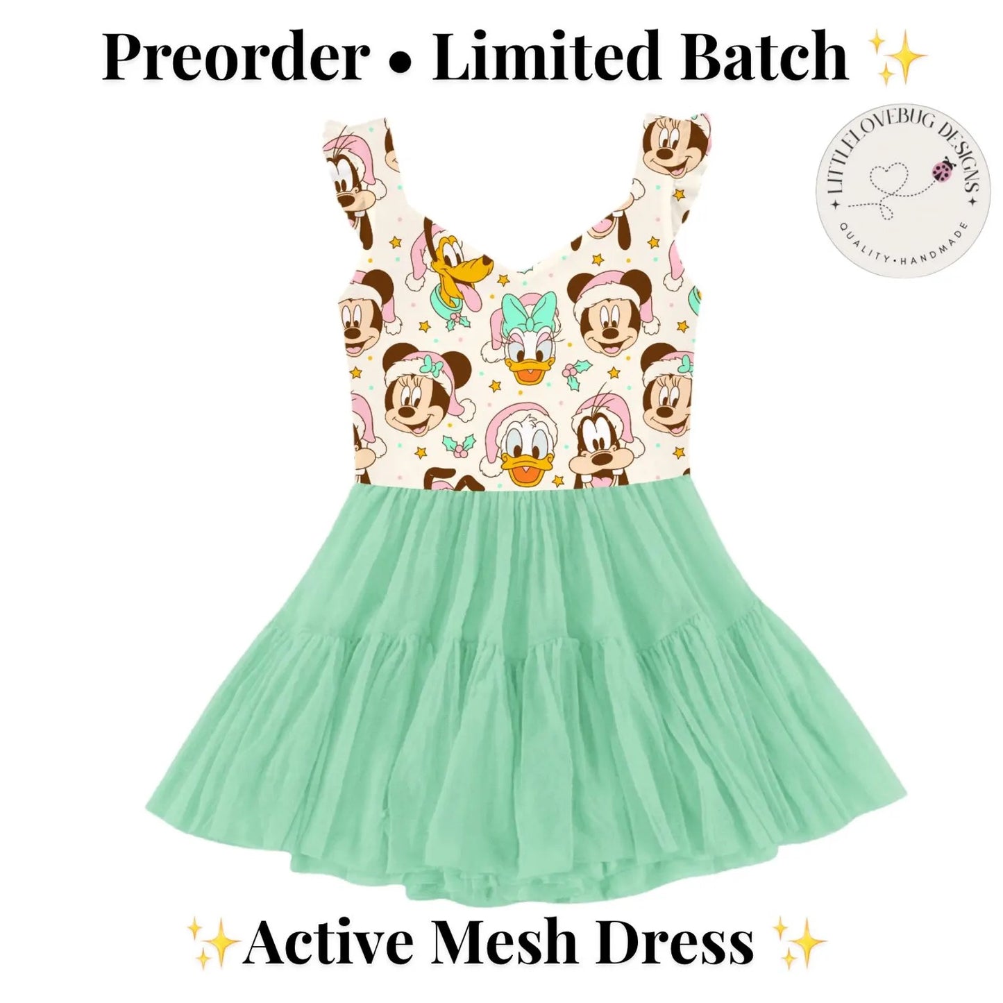 Preorder Christmas Fab 5 Pastel V Neck Ruffle Sleeve Active Mesh Dress with Separate Short