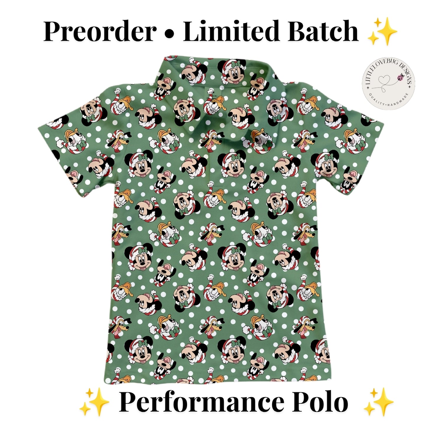 Preorder Christmas Fab 5 Mickey and Friends Green Performance Polo