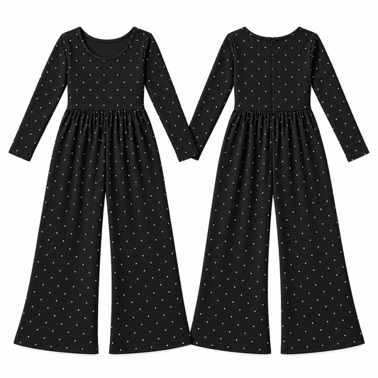 Black Ivory Dot Long Sleeve Wide Leg Romper — design mockup