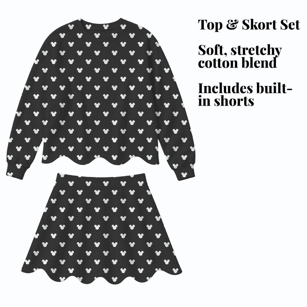 black Magical Dots skort set — Material and features