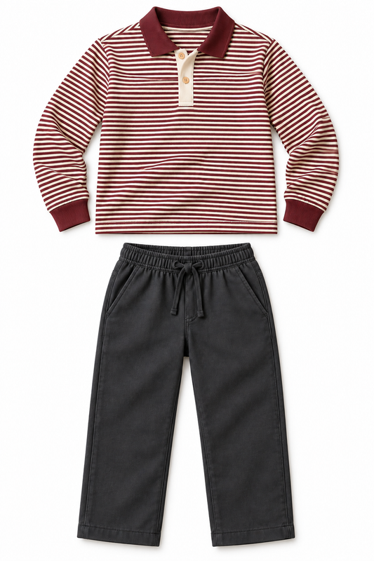 Burgundy Stripe Polo and Charcoal Pants Set — AI-generated product design mockup