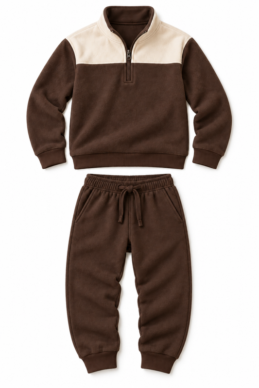 Chocolate and Oatmeal Quarter Zip Jogger Set — AI-generated product design mockup