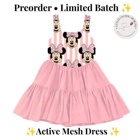PREORDER Pink Minnie Mouse Character Print Active Mesh Twirl Dress | Mommy and Me Park Outfit photo 1