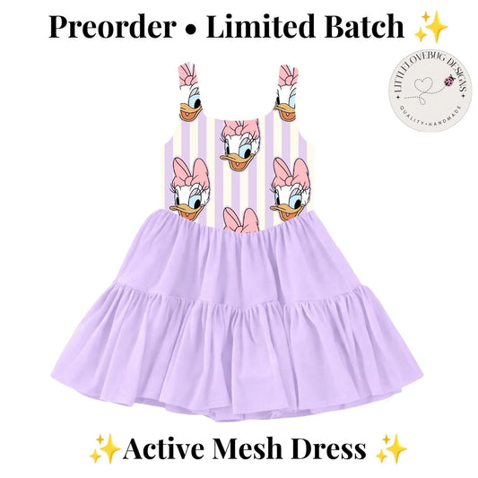 PREORDER Purple Daisy Duck Character Print Active Mesh Twirl Dress | Mommy and Me Park Outfit photo 1