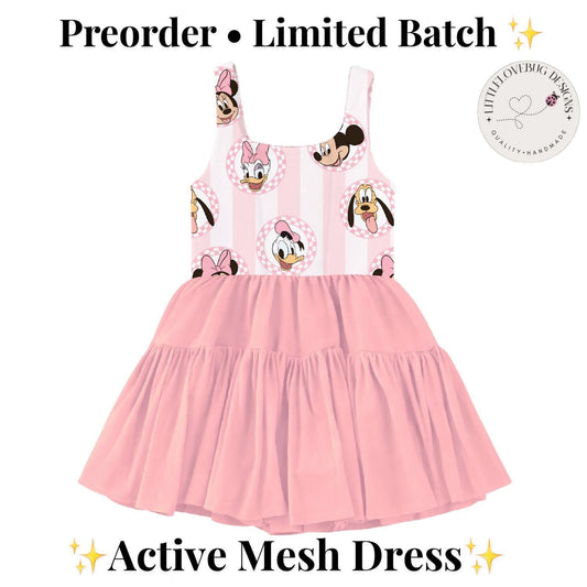 PREORDER Minnie and Friends Pink Checkered Stripe Active Mesh Twirl Dress | Mommy and Me Park Outfit photo 1