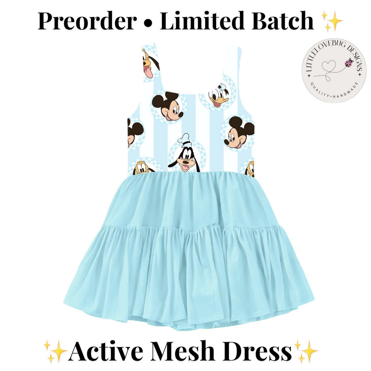 PREORDER Mickey and Friends Light Blue Character Print Active Mesh Twirl Dress | Mommy and Me Park Outfit photo 1